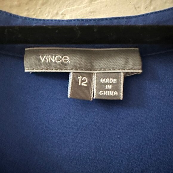 Vince Long Sleeve Silk Tunic Cobalt Blue Flowy V-neck Top with Black Piping - Picture 4 of 6